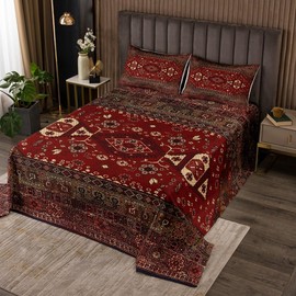Erosebridal Boho Tribal Quilt Queen, Retro Exotic Bedspread, Vintage Lattice Bohemian Coverlet, Dark Red Antique Grid Damask Inspired Medallion Egyptian Soft Luxury Quilted