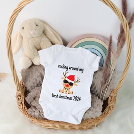 COZYINT White Baby Bodysuit - My First Christmas Baby - Christmas Bodysuit with Print - My First Christmas Outfit Baby - Christmas Romper - First Christmas Baby, Rudolf