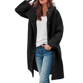 SAUKOLE Pea Coats for Women Winter Fashion Wool Blend Trench Jacket Single Breasted with Hood and Pockets Black