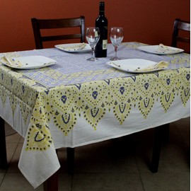 India Arts French Country Geometric Floral Print Tablecloth Square Cotton Table Linen Beach Sheet Beach Throw (Yellow Blue, Tablecloth 72 x 72 inches)