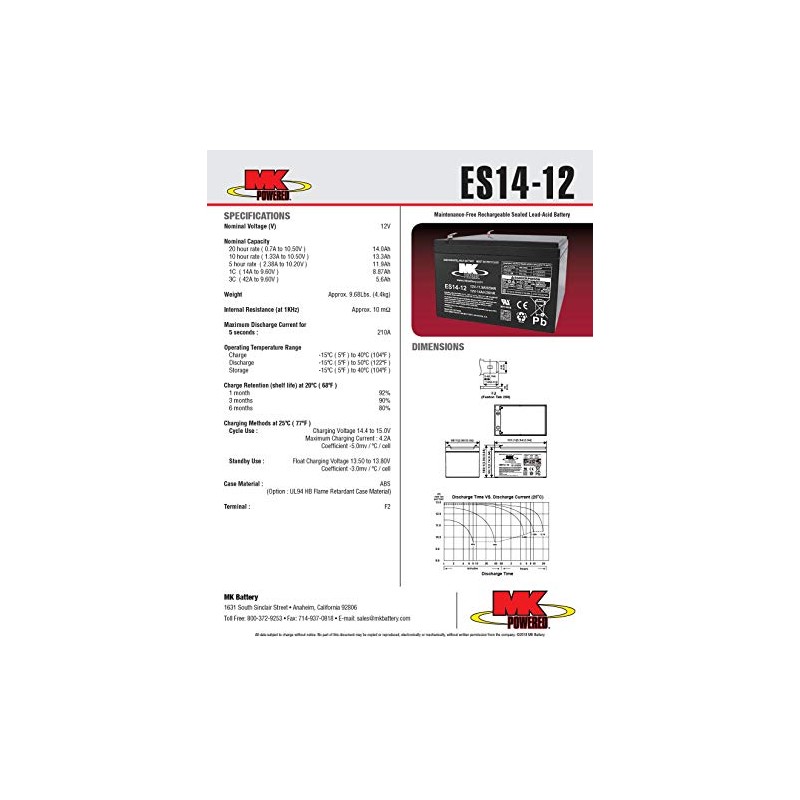 MK Battery ES14-12 Maintenance-Free Rechargeable Sealed Lead-Acid Battery
