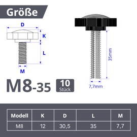 ORTAVA Pack of 10 Star Grip Screws, Screws with Handle M8 x 35 mm, Knurled Screw, Star Head Screw, Star Grip Nut, Clamping Knob for Machine Tools, Machine (Black)