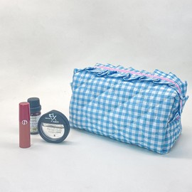 Lyssiatina Handmade Cotton Quilted Makeup Bag for Purse,Ruffie Cosmetic Bag with Zipper,Cute Girly Pouches for Purse，Checked Travelling Toiletries Bag(Blue)