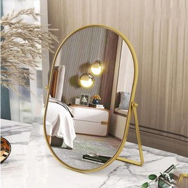 Vanity Desk Table Mirror Oval Makeup Mirror 90°Adjustable Rotation Golden Metal Framed Standing - Color: Rectangular-black, Size: 11.8"L x 8.7"W
