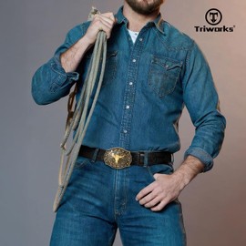 TRIWORKS Mens Western Cowboy Belt Cowgirl Belt with Floral Engraved Buckle Belt for Jeans
