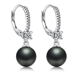 JiayangJY 18K White Gold Black Pearl Earrings for Women, 5A CZ Diamonds Sterling Silver Dangle Earrings with 10MM Pearls