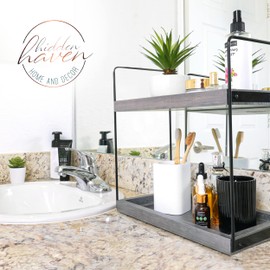 Hidden Haven - 2 Tier Bathroom Countertop Organizer Lightly Lacquered to Resist Water and Stains - Easy to Assemble-Tray Standing Decore Bathroom Organizer and Kitchen Spice Rack (Smoked Ash)