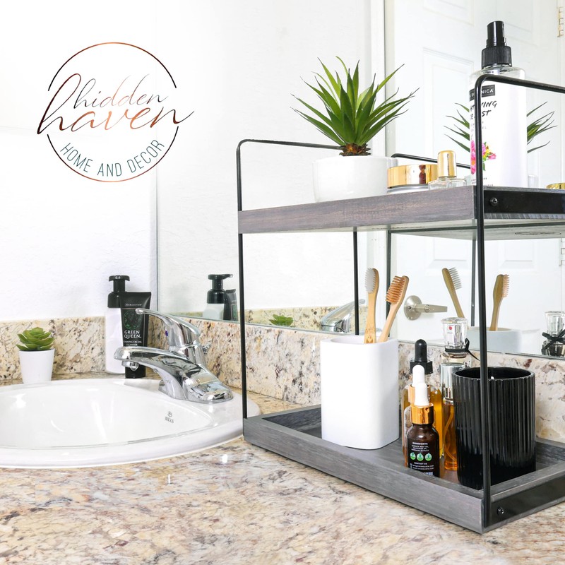 Hidden Haven - 2 Tier Bathroom Countertop Organizer Lightly Lacquered