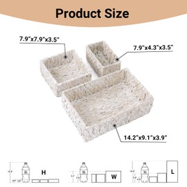 Handwoven Natural Water Hyacinth Wicker Storage Baskets Set, Boho Style Shelf Baskets for Serving& Home Organization, Storage Boxes for Bedroom, Livingroom, Kitchen, Dining Table, Set of 3, White