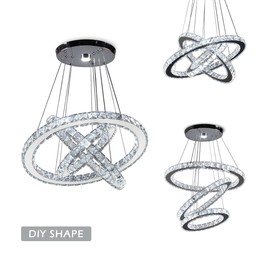 CLAIRDAI Modern Crystal Chandelier LED Chandeliers 3 Ring Pendant Light Adjustable Stainless Steel Ceiling Light Fixture for Dining Room Bedroom Living Room Hallway (6500K Cool White)