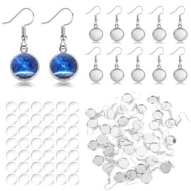 100 Pieces Blanks Earring Hooks for Jewellery Making, Includes 50 Pieces Earrings Wire Hooks Blanks Bezel Trays with 50 Pieces 12 mm Glass Cabochons Setting for Earrings Making DIY Craft Accessories