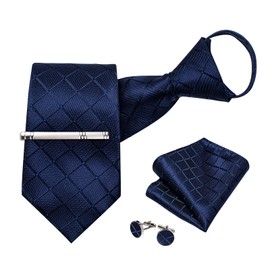 DiBanGu Formal Navy Blue Plaid Zipper Tie Set,Silk Adjustable PreTied Ties and Pocket Square Cufflinks Tie Clip Set Business