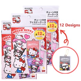 MENBLY Kitty 50th Anniversary Collectible Fastener Case - Vinyl Zipper Slide Card Case Set, 3 Pack Blind Bag,12 Designs, Zipper Pouches for Organizing, Clear Plastic Chain Zip Pouch, 12.1 x 8.9 cm