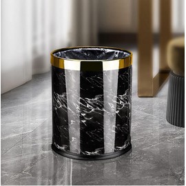 Luxury Metal Waste Bin with Leather Cover,Open Top Office Wastebasket,Double Layer Trash Can,Round Shaped (Black Marble w/ Gold Ring)