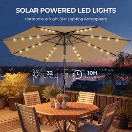 HOMSHADE 9ft Solar Patio Umbrella - Solar Lights LED Lighted Outdoor Market Table Umbrella, UPF50+ UV Protection with Push Button Tilt, Crank for Pool Deck and Garden (Beige)