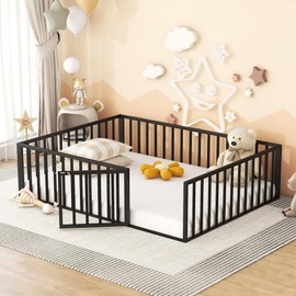 Harper & Bright Designs Queen Metal Floor Bed Frame with Rails, Queen Montessori Floor Bed with Fence and Door, for Kids Girls Boys (Queen Size, Black)