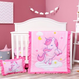 UOMNY Crib Bedding Set for Girls 4 Piece Unicorn Baby Girl Crib Bedding Sets with Baby Comforter Crib Sheet Crib Skirt Pillowcase Nursery Bedding Set