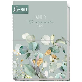 Häfft® Family-Timer 2026 A5+ "Minty Leaves" Family Calendar for 4 People, Family Planner 12 Months: Jan to Dec 26, Family Organiser - Sustainable & Climate Friendly