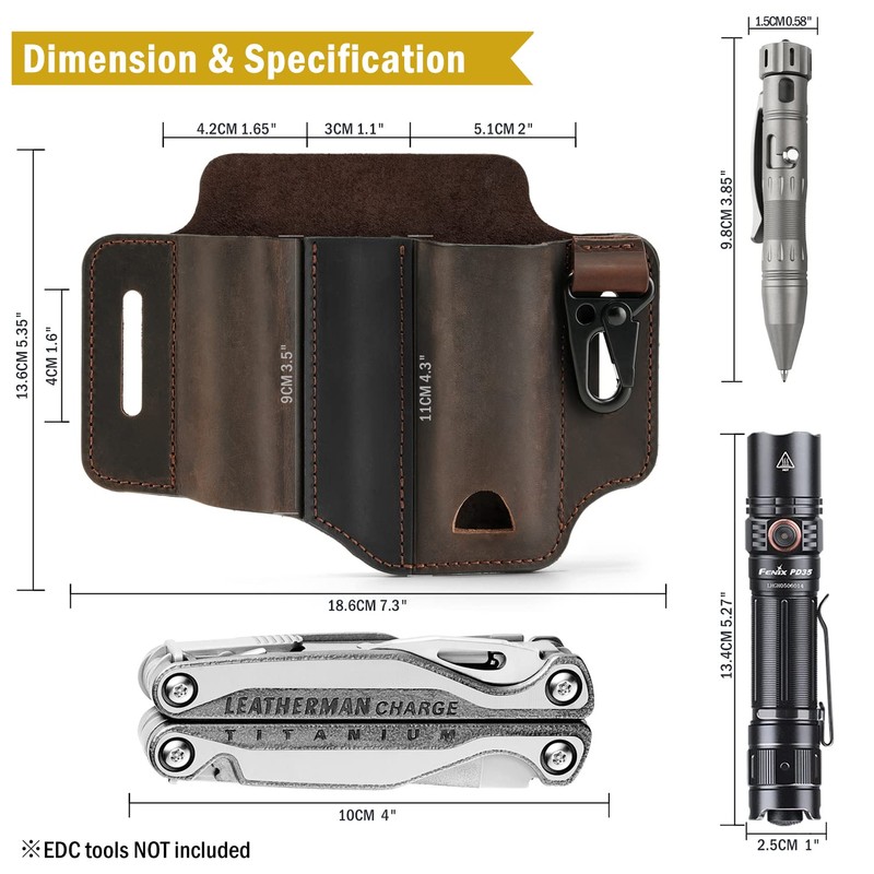 VIPERADE PJ29 ベルト用マルチツール シース、男性用レザー EDC ポケット オーガナイザー、EDC レザー シース、ペン ホルダー付きレザーマン
