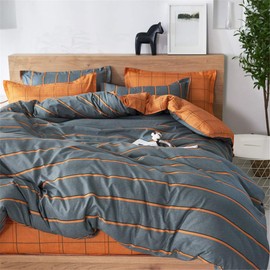 Treer Bed Linen 180 x 220 cm 3-Piece Microfibre Bed Linen Sets with 2 Pillowcases 50 x 75 cm, Modern Striped Checked Duvet Covers, Duvet Cover for Double Bed with Zip, Orange/Grey