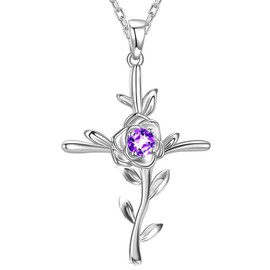 Natural Gemstone Amethyst Necklace Women Birthday Gifts February Birthstone Jewelry Mom Wife Love Rose Flower Hope Leaves Jewelry Sterling Silver