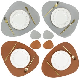 Olrla Dual-Sided Placemat and Coaster Sets 4, PU Leather Waterproof Heat-Resistant Wipeable Dining Table Mats for Home Kitchen Restaurant Indoor Outdoor(Brown/Grey)