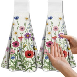 CUTHOLLOW Colorful Wildflowers Hanging Kitchen Towels with Loop, Set of 2 - Soft & Super Absorbent Microfiber Decorative Hanging Dish & Hand Towel, Tea, Coffee Towel for Kitchen Bathroom Oven Handle