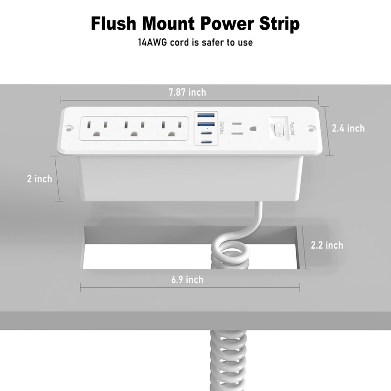 Furniture Drawer Outlet Kit, 65W USB C Recessed Power Strip