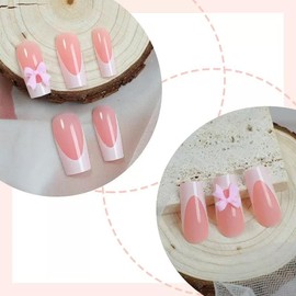 White French Tip Press on Nails Medium Square Fake Nails with Pink Bow Designs Nude Pink Stick on Nails Full Cover Reusable False Nails for Women Girls Manicure Kit 24Pcs
