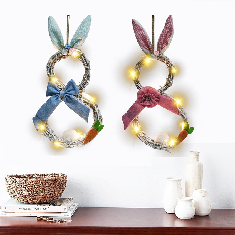Easter Decoration Wreath with Light Handmade Rattan Easter Rabbit Wreath