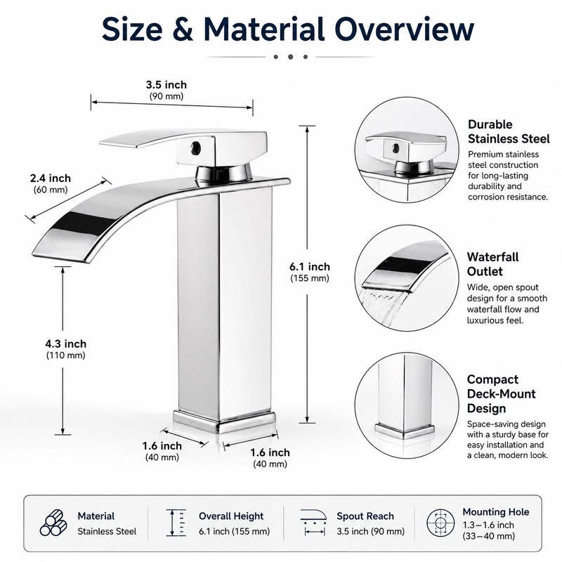 Waterfall Bathroom Faucet for Sink Basin – Hot & Cold