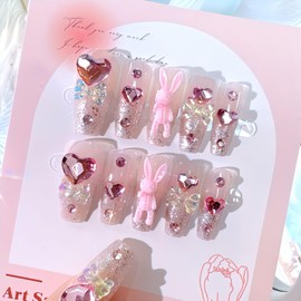 Liberte55 Nail Tips Gal Long Korean Children False Nail Long Cute Ballerina Cogal Handmade (Multi 001, Long)