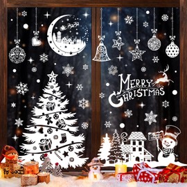 TOMEEK 202pcs Christmas Window Stickers Large Xmas Tree Xmas Window Stickers Moon Snowflake Window Clings Double Side PVC Christmas Stickers Reusable for Christmas Decorations Decals (White)