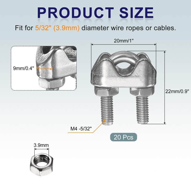 sourcing map 20 Pcs M4 Stainless Steel Wire Rope Clip