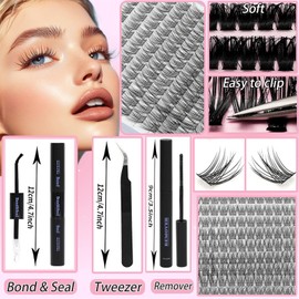 Lash Clusters Kit, Eyelash Clusters Individual Lash Extension Kit D Curl Fluffy Wispy False Eyelashes Extensions Thin Band with Bond Seal Tweezers Brush (SMY08 8-16mm)