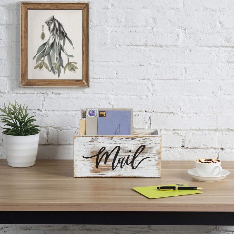MyGift Mail Holder Storage Organizer Box Whitewashed Wood with MAIL