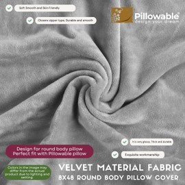 Pillowable - Soft Velvet 48"x8" Round Body Pillow Cover - Full Zipper Closure - Round Bolster Roll Body Pillowcase - Round Pillowcase - CASE ONLY - (Grey)