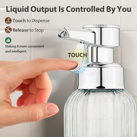 Automatic Soap Dispenser Liquid for Bathroom: 16 OZ Glass Clear Touch Dispense Modern Auto Vertical Soap Dispenser for Kitchen - Hand Dish Lotion Countertop Couple Kids Home - Waterproof Labels