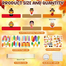 Sereliy Thanksgiving DIY Turkey Crowns 12 Pack，Adjustable Paper turkey Headband Crown Hats with Stickers for Kids Adults School Holiday Activity. (Turkey 12)