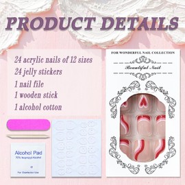 Valentines Press on Nails Short Square French Tip Fake Nails Nude Pink Full Cover Red Pink Heart False Nails with Swirl Designs Glossy Glue on Nails Acrylic Manicure Artificial Nails for Women Girls