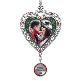 Our First Christmas Ornament 2024 - Silver Filigree Heart Shaped Photo Ornament - Xmas Picture Ornaments - Gift/Storage Bag Included