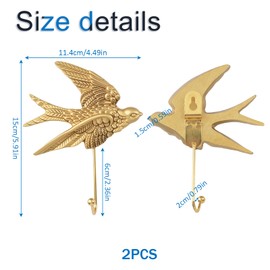 INCREWAY 2PCS Vintage Metal Birds Wall Hooks, Heavy Duty Farmhouse Wall Mounted Hangers for Towels, Keys, Clothes, Hats, Picture Frame, Bags, etc (Golden)