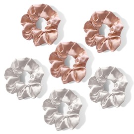 GroomBrideGifts 6 Pack Satin Scrunchies for Women, Non Slip, No Damage Scrunchies Hair Ties.(White & Champagne)