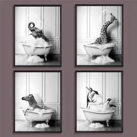 Martin Kench Set of 4 Black and White Poster Set, Bathroom Pictures, Animals in the Bath, Modern Wall Pictures, Canvas Pictures, Wall Decoration Pictures for Bathroom (30 x 40 cm)