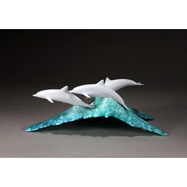 Dolphin Pod Sculpture by John Perry Pellucida on Blue Ocean Wave 11in Long Signed.