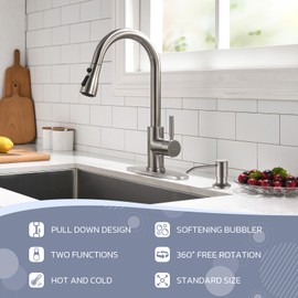WEWE Kitchen Sink Faucet with Soap Dispenser, Lead-Free Kitchen Faucet with Pull Down Sprayer 3 Modes Stainless Steel Single Handle Single Hole Pull Out Brushed Nickel Faucet for Bar Laundry RV Sink