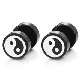 Mens Womens Black White Yin-yang Stud Earrings, Steel Illusion Tunnel Cheater Fake Ear Plugs Gauges(CA)