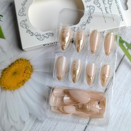 24Pcs French Press on Nails Medium Almond Fake Nails with 3D Gold Stamping Designs Artificial Stick on Nails Irregular Metal Lines French Tip Nails Glue on Nails Luxury Stiletto False Nails for Women