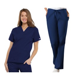 Cherokee Scrub set for women Traditional Fit Dolman Sleeve, V-neck Top 4700 Natural Rise Flare Leg Drawstring Pant 4101, Navy- M Top/M Pant