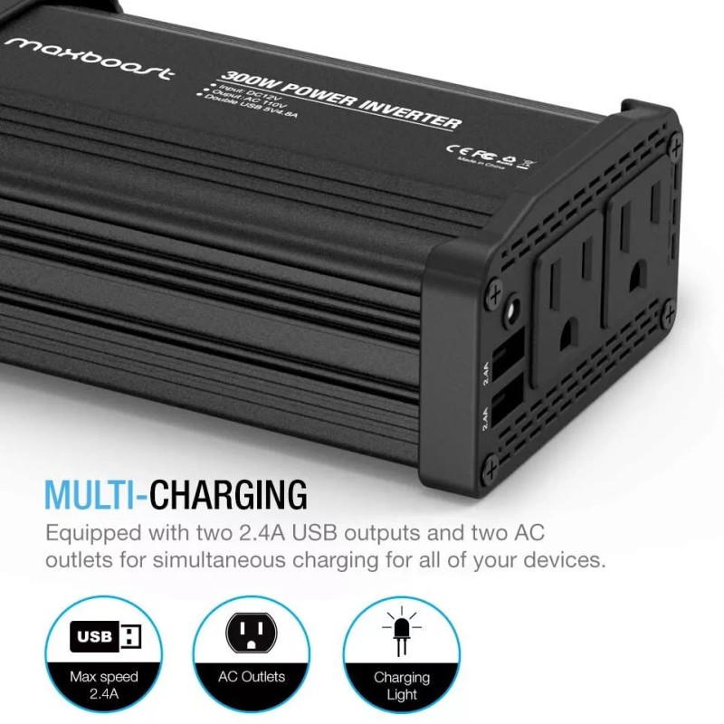 Maxboost 300W Power Inverter [2Pcs] Dual 110V AC Outlet/Dual 24W